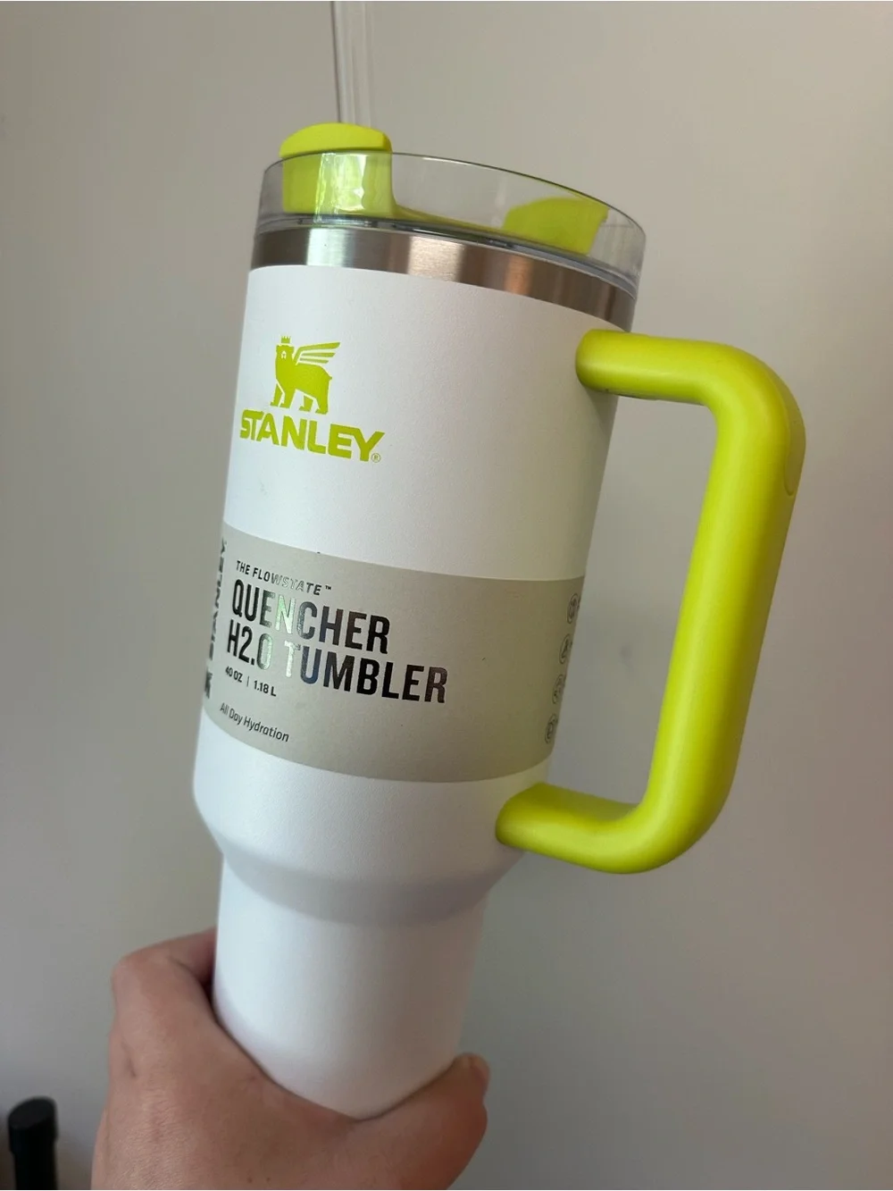 Stanley 40 oz. White Tumbler with Neon yellow Handle NWT - Picture 7 of 8